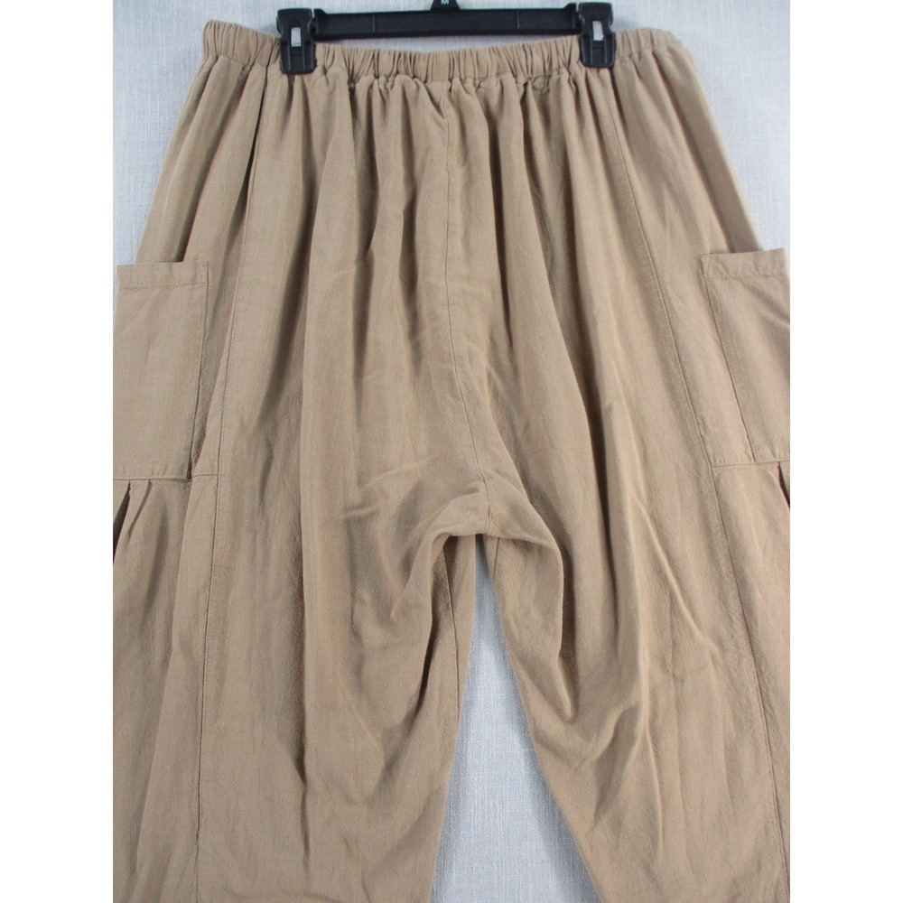 Lagenlook Harem Pants Tan Khaki Elastic Waist Wide Leg Cropped Boho Trousers XL - Picture 2 of 12